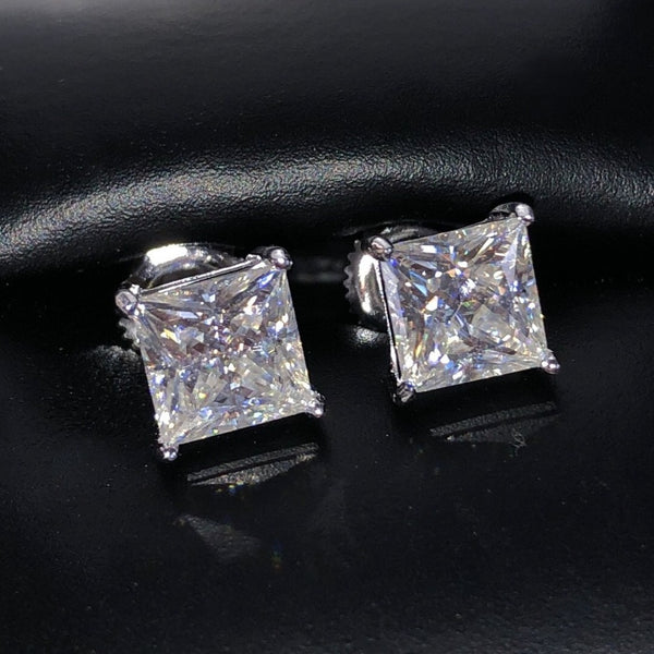 Moissanite Iced Out Square Princess Cut Screwback Earrings Solid